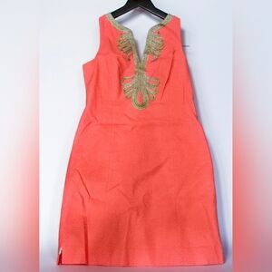 Lilly Pulitzer Murphy Coral Shift Dress Gold Soutache Embroidered Neckline S